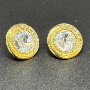 Gold-Tone Round Rhinestone Clip Earrings